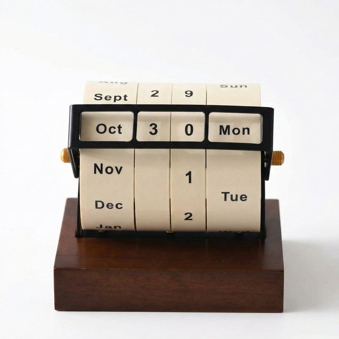 Fremgard Perpetual Rotating Desk Calendar – Vintage Wooden Base Desktop Calendar