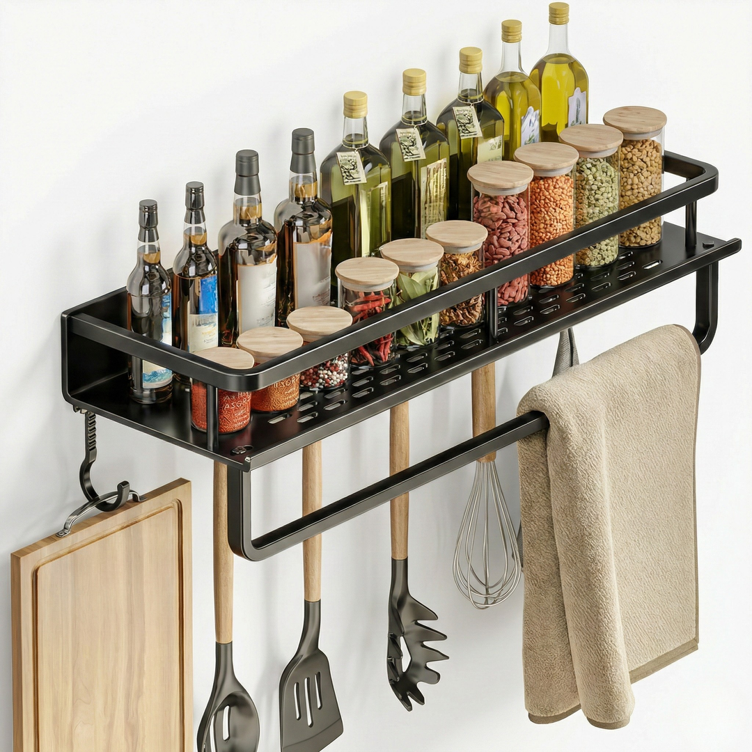 Fremgard Wall-Mounted Stainless Steel Kitchen Shelf – Drill-Free Storage Rack with Hooks